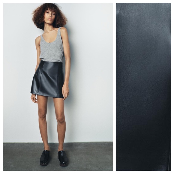 NWT. Zara Limited Edition Black 100% Leather High-Waisted Short Skirt. Size XL.